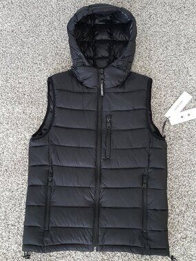 NWT Calvin Klein Men's Puffer Hooded Vest Black Lightweight Insulated Packable S